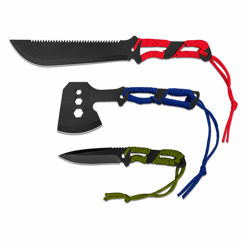 Svega HKS010 3-teiliges Outdoor-Survival-Set – Machete aus 420er Stahl, taktische Axt, Jagdmesser mit fester Klinge und mit Fallschirmschnur umwickelten Griffen